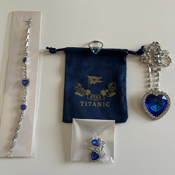 Titanic Jewelry Set - Heart of the Ocean Necklace, Bracelet, Earrings, Ring, and - Picture 1 of 8